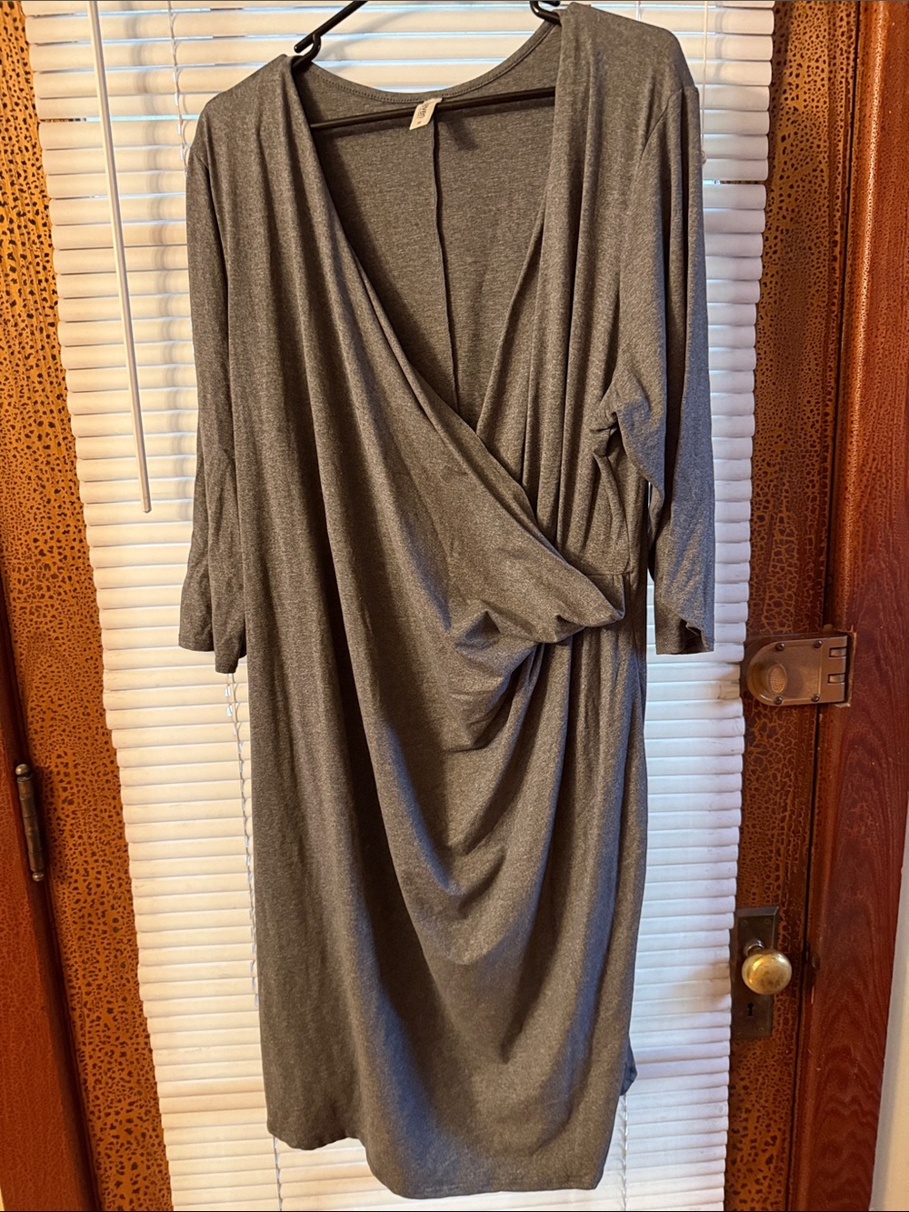 24/7 Comfort Apparel Gray Draped V-Neck Midi Dress